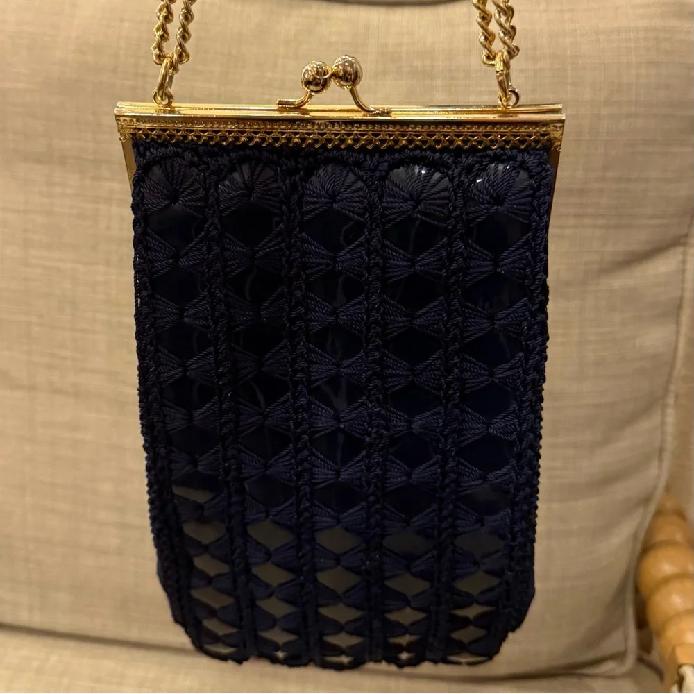 Vintage Crochet Navy Blue Gold Chain Kiss Lock Bag by Solar LTD Italy